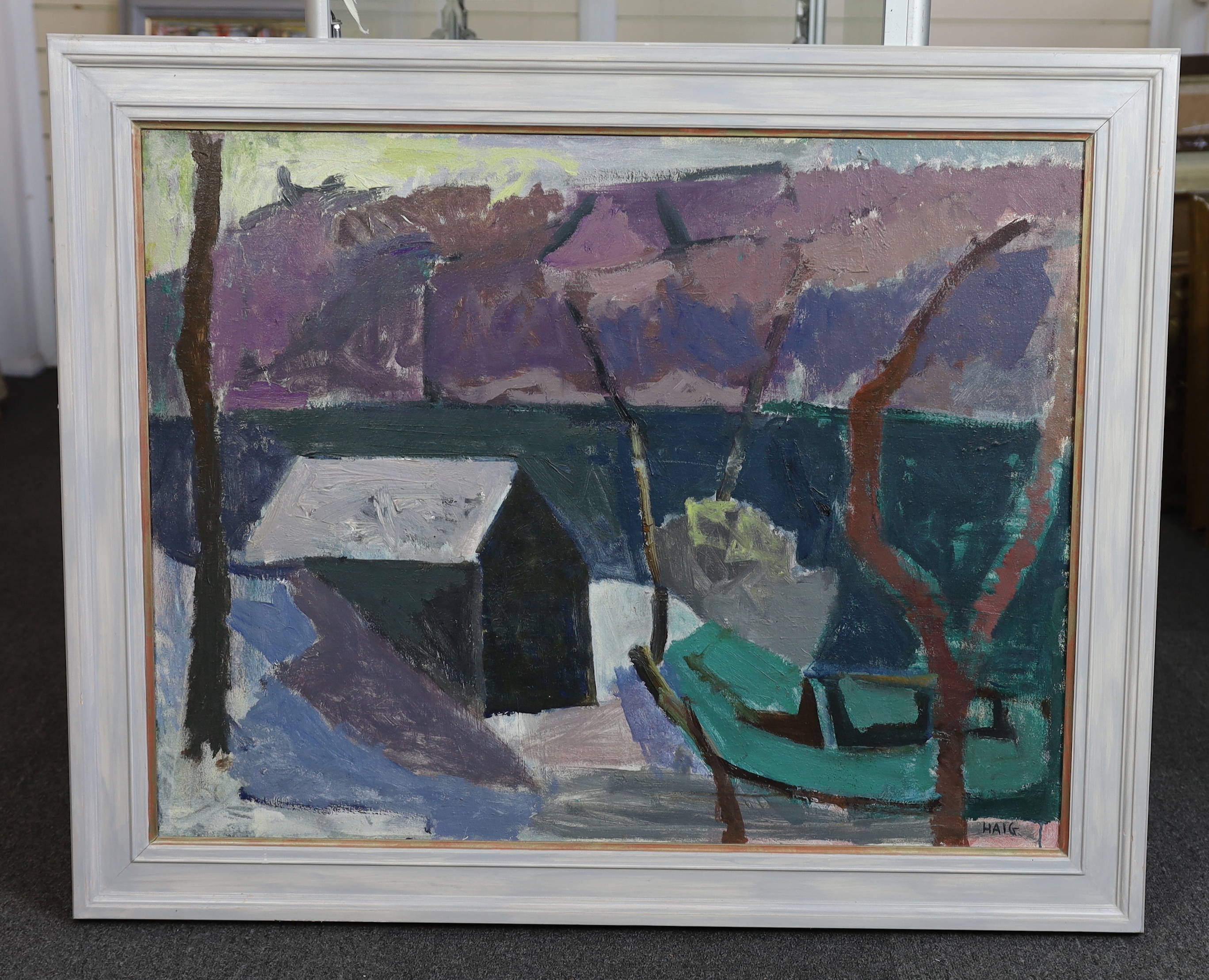 Earl Haig O.B.E., A.R.S.A (Scottish, 1918-2009), House and trees in a landscape, oil on canvas, 70 x 90cm